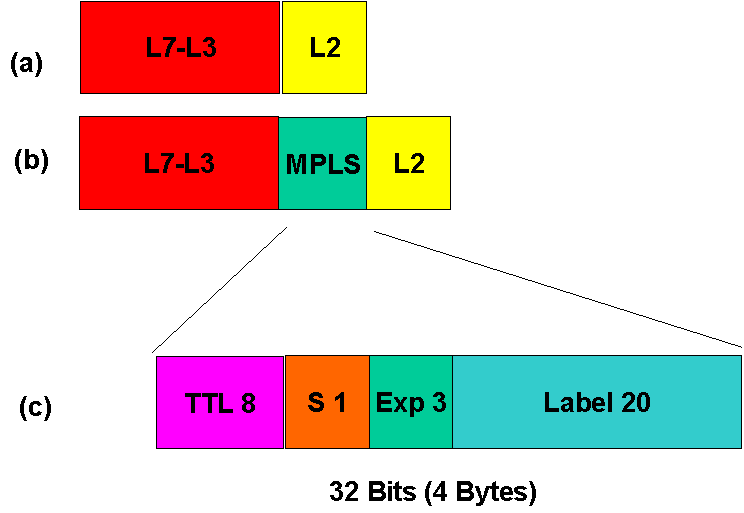 O cabeçalho Shim consiste em 32 bits em quatro partes: 20 bits são usados para o rótulo, 3 bits para funções experimentais, 1 bit para função de de empilhamento e oito bits para TTL (Time to Leave).