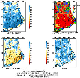 Na figura 3, observam-se quatro mapas relacionados com a previsão de probabilidade por categorias de anomalia da precipitação no período de março a maio de 2002.