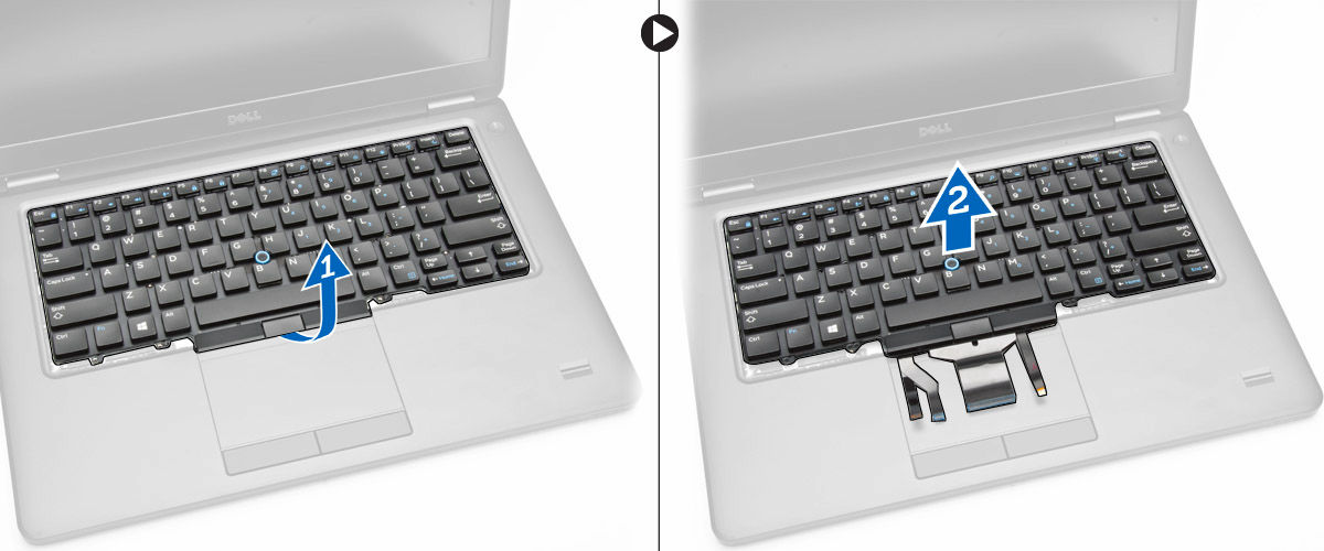 4. Remova os parafusos que seguram o teclado ao computador. 5. Remova o teclado do computador. Como instalar o teclado 1. Coloque o teclado para alinhá-lo com os suportes do parafuso no computador. 2.