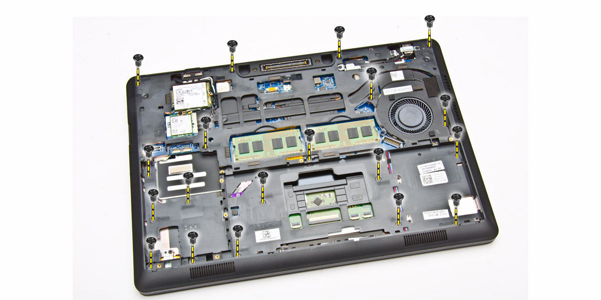 Como remover o apoio para as mãos 1. Siga os procedimentos descritos em Antes de trabalhar na parte interna do computador. 2. Remova a/o: a. tampa da base b. bateria c. acabamento do teclado d.