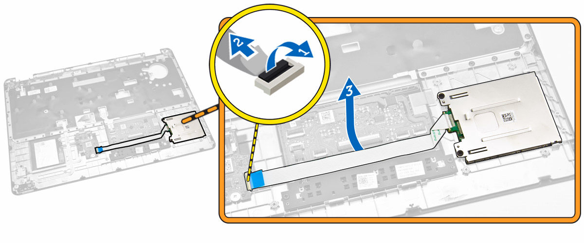 b. acabamento do teclado c. bateria d. tampa da base 5. Siga os procedimentos descritos em Após trabalhar na parte interna do computador. Como remover a placa do leitor de SmartCard 1.