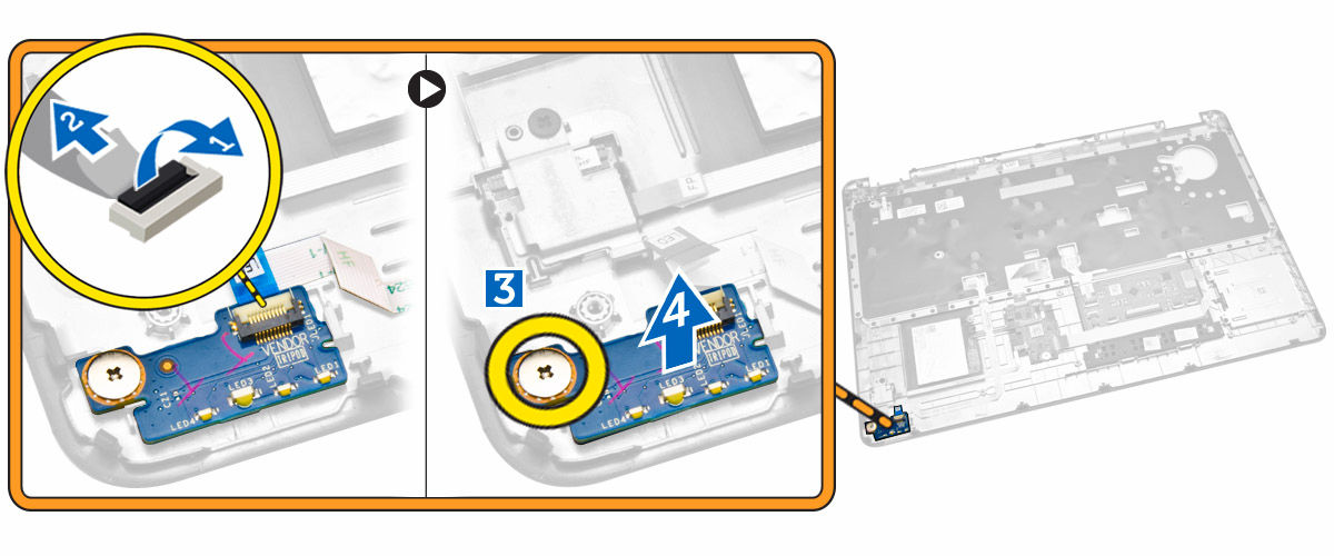 Como remover a placa de LED 1. Siga os procedimentos descritos em Antes de trabalhar na parte interna do computador. 2. Remova a/o: a. tampa da base b. bateria c. acabamento do teclado d. teclado e.