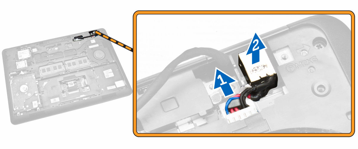 a. tampa da base b. bateria 3. Execute as seguintes etapas: a. libere o cabo da porta do conector de energia de seus canais de roteamento [1]. b. remova os parafusos para liberar o suporte metálico que prende a porta do conector de energia [2].