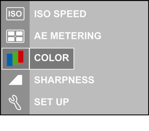 Configuração do modo Cor Esta câmera possui quatro níveis no modo cor: Normal, Vívida ( Sépia. ), Preto e branco e 1 Aperte o botão Menu / OK.