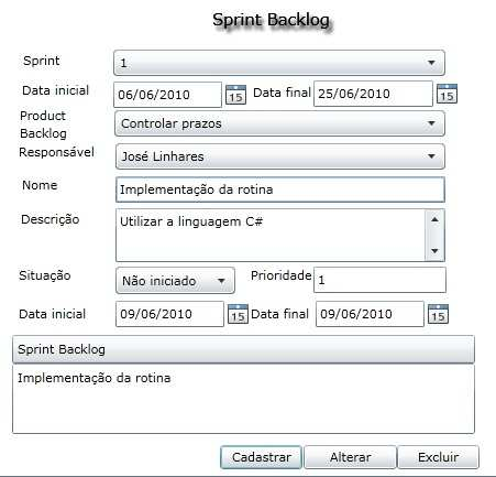 43 Figura 22 - Cadastro de sprints Cada product backlog cadastrado pode ser dividido em vários sprints backlog. O usuário pode selecionar a sprint, e qual product backlog está dividindo em tarefas.