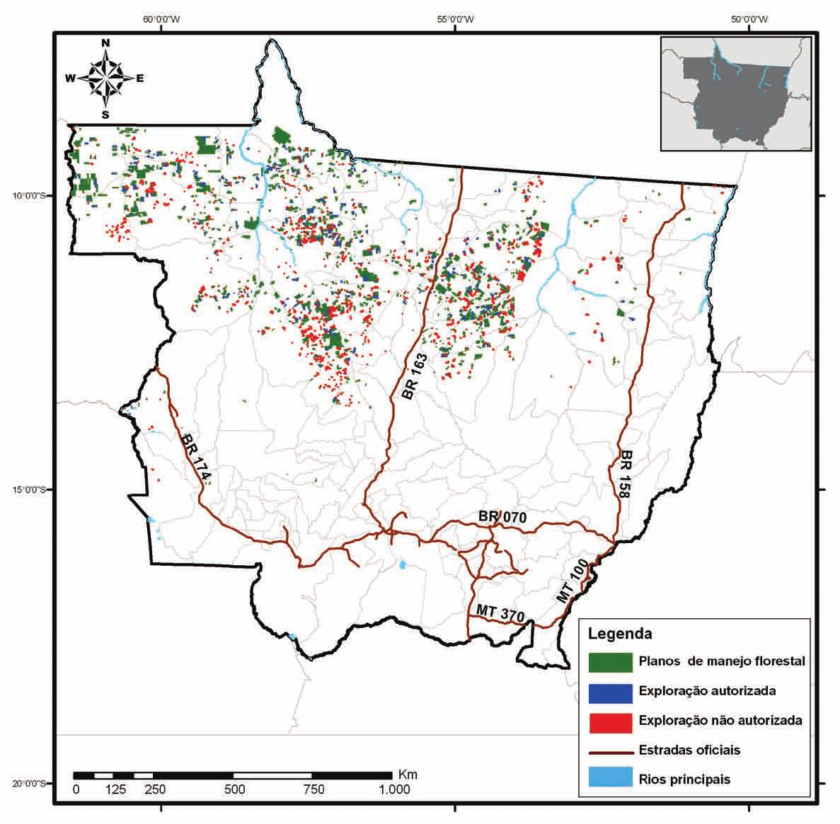 Geografia da Exploração Madeireira em Mato Grosso Para identificarmos a exploração madeireira não autorizada (ilegal e predatória) e a autorizada (legal, manejo florestal) no Estado entre agosto de