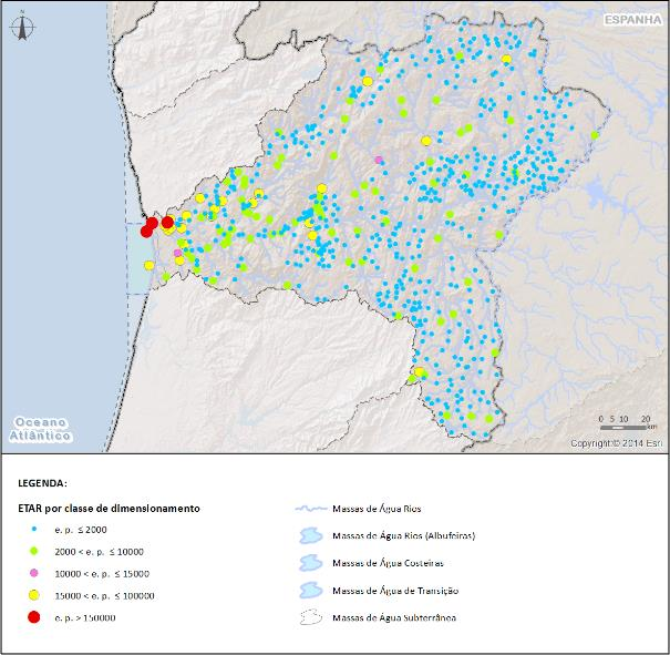 Figura 2.5 - ETAR por classe de dimensionamento na RH3 De acordo com este critério, verifica-se que na classe acima dos 150 mil e.p. existem 3 ETAR, sendo duas na cidade do Porto (Freixo e Sobreiras) e a outra que serve a orla litoral de Vila Nova de Gaia.