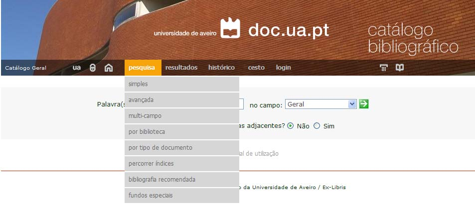 1. conteúdos e funcionalidades 1.1. pesquisa no catálogo colectivo integrado O catálogo está disponível na Internet em http://opac.doc.ua.pt.