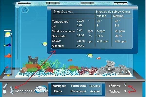 Na imagem acima vemos o registro das condições do aquário e a quantidade de peixes, machos e fêmeas. O sexo dos peixes é selecionado, aleatoriamente, pelo programa.
