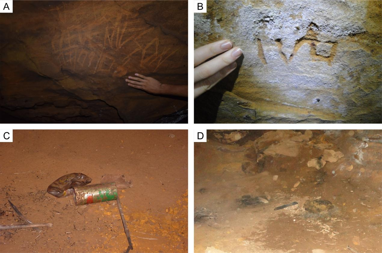 54 Figura 12 Impactos ambientais decorrentes da visitação humana. A e B Inscrições nas paredes. C Lixo deixado por visitantes. D Vestígios de fogueiras. Fonte: o próprio autor.