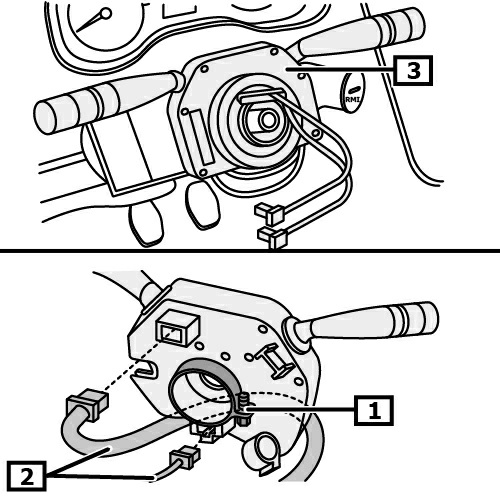 Soltar o conetor elétrico do anel coletor. (1) Soltar o bloqueio do módulo da. (2) Separar os conectores eléctr. (3) Desmontar o módulo da com interruptor(es) na.