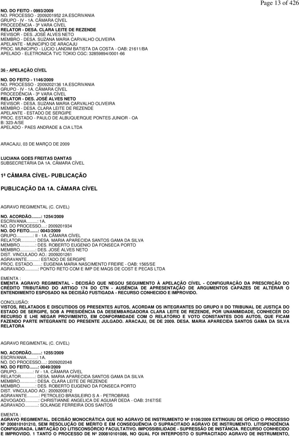 MUNICIPIO - LÚCIO LANDIM BATISTA DA COSTA - OAB: 21611/BA APELADO - ELETRONICA TVC TOKIO CGC: 32859894/0001-66 Page 13 of 426 36 - APELAÇÃO CÍVEL NO. DO FEITO - 1146/2009 NO. PROCESSO - 2009202136 1A.