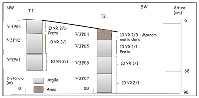 83 Figura 7: Detalhamento dos Perfis 1 e 2 da Vereda Urbano. A caracterização de cor das amostras de solo foi feita utilizando-se a Munsell Soil Color Charts.