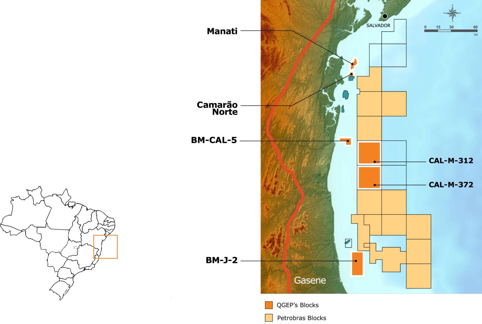BACIAS EMERGENTES DE CAMAMU E JEQUITINHONHA Contexto geológico similar Inclui prospectos de pós-sal e pré-sal Reservatórios arenitos e