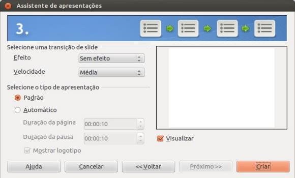 Impress 3) Clique em Próximo e o passo 3 do Assistente de apresentação é aberto. Escolha a transição de slides no menu suspenso Efeito.