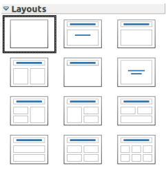 Impress Selecionando um layout No painel de Tarefas, selecione a aba Layouts para exibir os layouts disponíveis.