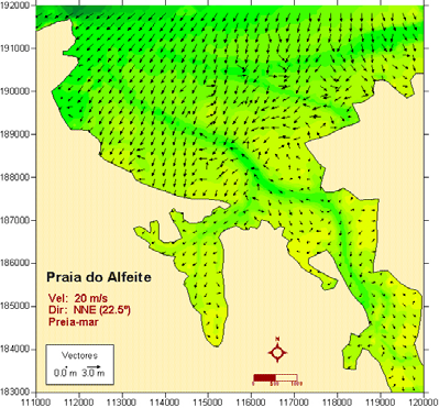 a) b) Figura 13 Altura significativa e direcção média da agitação marítima obtidas com SWAN para vento com velocidade (U 10 ) de 10 m/s e rumo de 22.5º (NNE): a) estuário do Tejo; b) praia do Alfeite.