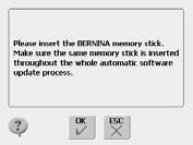 Mensagens 107 Os arquivos de atualização não estão completos. Não há Dados Pessoais a serem restaurados no Pen Drive de Memória da BERNINA.