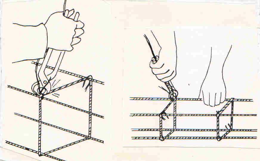 32 A figura 2.23, a seguir, ilustra as operações para a amarração de uma viga e a ferramenta utilizada para a amarração das barras e estribos (torquês). FIGURA 2.