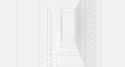 O deslocamento até os quartos releva uma compressão espacial progressiva, seguida de uma dilatação: (1) nos corredores, apesar das mudança de dimensões, a abertura visual para o pátio ainda indica a