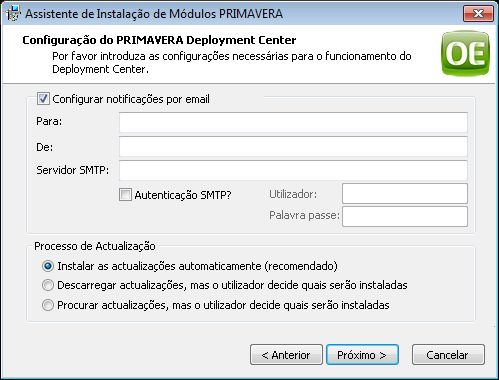 4. Configuração do PRIMAVERA Deployment Center Ao ativar a opção "Configurar notificações por email" deve-se preencher os campos desse quadro.