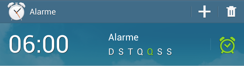 Utilidades Alarme Use este aplicativo para configurar serviços de despertador e alarmes para eventos importantes. Toque em Alarme na Tela de aplicações. Liga/Desliga o alarme.