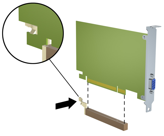 c. Se estiver a retirar uma placa PCI Express x16, puxe o braço de fixação na parte de trás do socket de expansão para o afastar da placa e mova cuidadosamente a placa para a frente e para trás até