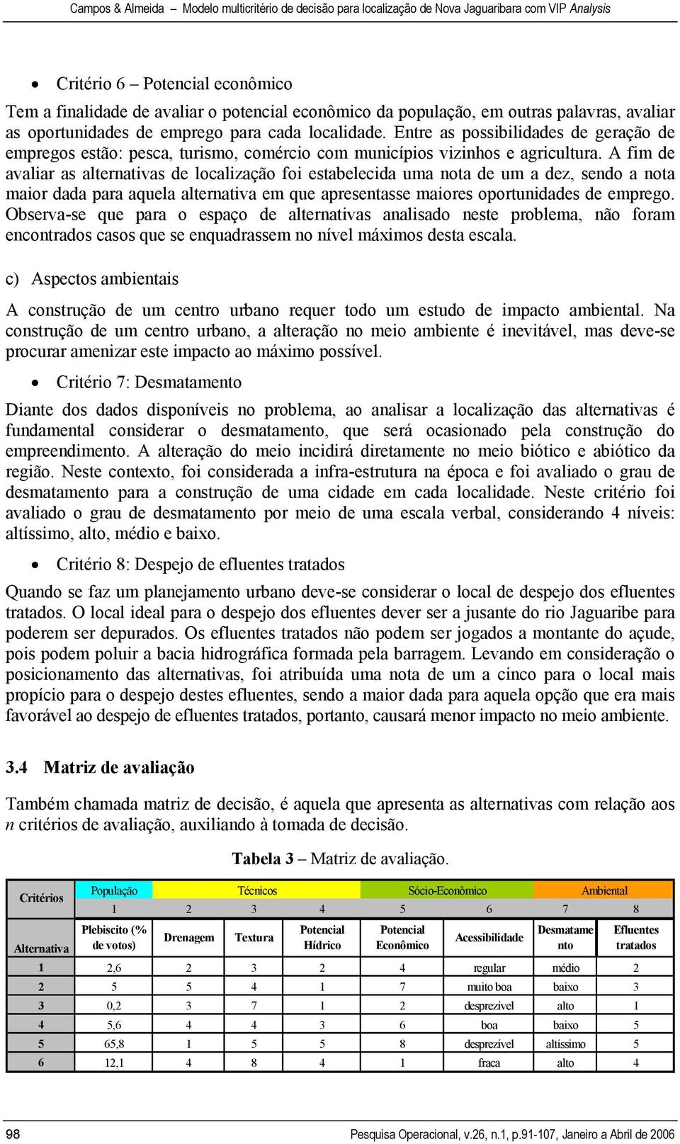 A fim de avaliar as alternativas de localização foi estabelecida uma nota de um a dez, sendo a nota maior dada para aquela alternativa em que apresentasse maiores oportunidades de emprego.