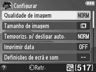 ! Modo de guia O modo de guia dá acesso a várias funções frequentemente utilizadas e úteis. O nível superior da guia é exibido quando o disco de modos é rodado para g. Indicador da bateria (0 12)!