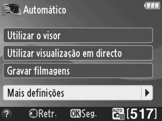 Menus do Modo de guia Para aceder a estes menus, marque Disparar, Ver/eliminar ou Configurar e prima J.