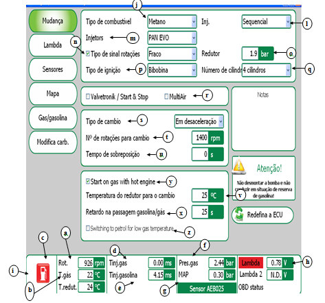 Figura nº 31: Página mudança do menu de configuração do veículo do software Alisei.