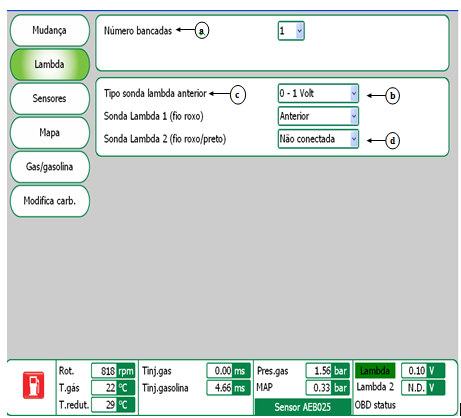 Figura nº 32: Página lambda do menu de configuração do veículo do software Alisei. (Tela extraída do software Alisei, 2011