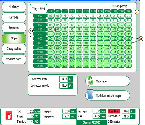 3.2.2.2.1.4 Quarta Página: Mapa A página mapa, como é possível ver na figura nº 35, mostra o mapa de injeção a gás da unidade de controle do sistema.