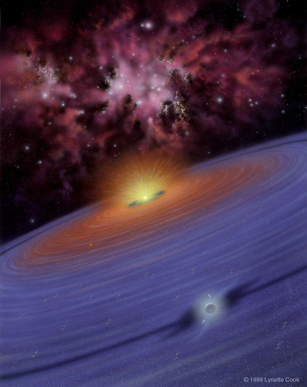 Figura 7 Concepção artistica de um disco protoplanetário (Lynette Cook, 1999). Outra peculiaridade observada na órbita de vários destes planetas é a alta excentricidade.