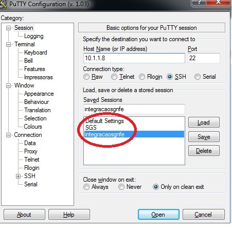 5º Passo: Configurar o programa no PUTTY PUTTY Usando mesmo usuário que abre o sistema.