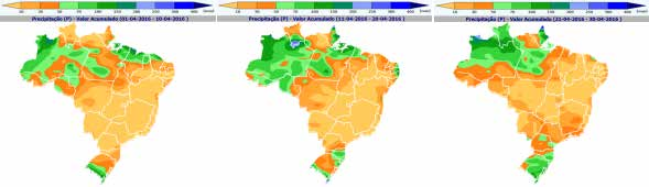 Figura 17 - Precipitação decendial, precipitação total, anomalia da precipitação e da temperatura máxima em março de 2016 Precipitação de 01 a 10/03/2015 Precipitação de 11 a 20/03/2015 Precipitação