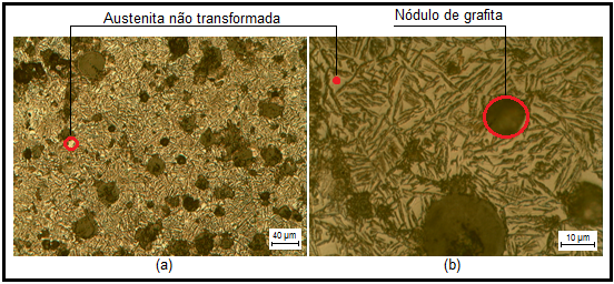 Figura 5.8. Microestrutura do corpo de prova sem recozimento prévio, austemperado em duas etapas durante 30 min. IRM 35. Ampliação de 200x (a) e 10