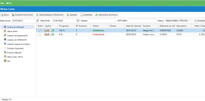 2.3 DETALHAMENTO DA FATURA Para realizar o upload da conta a ser analisada, deve se clicar em Novo. Uma tela será exibida, para selecionar o arquivo desejado.