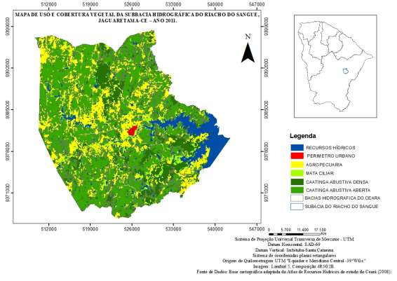Figura 1 Mapa de Uso e Cobertura Vegetal da Sub-bacia do Riacho do Sangue, ano 2011, Jaguaretama-Ce.