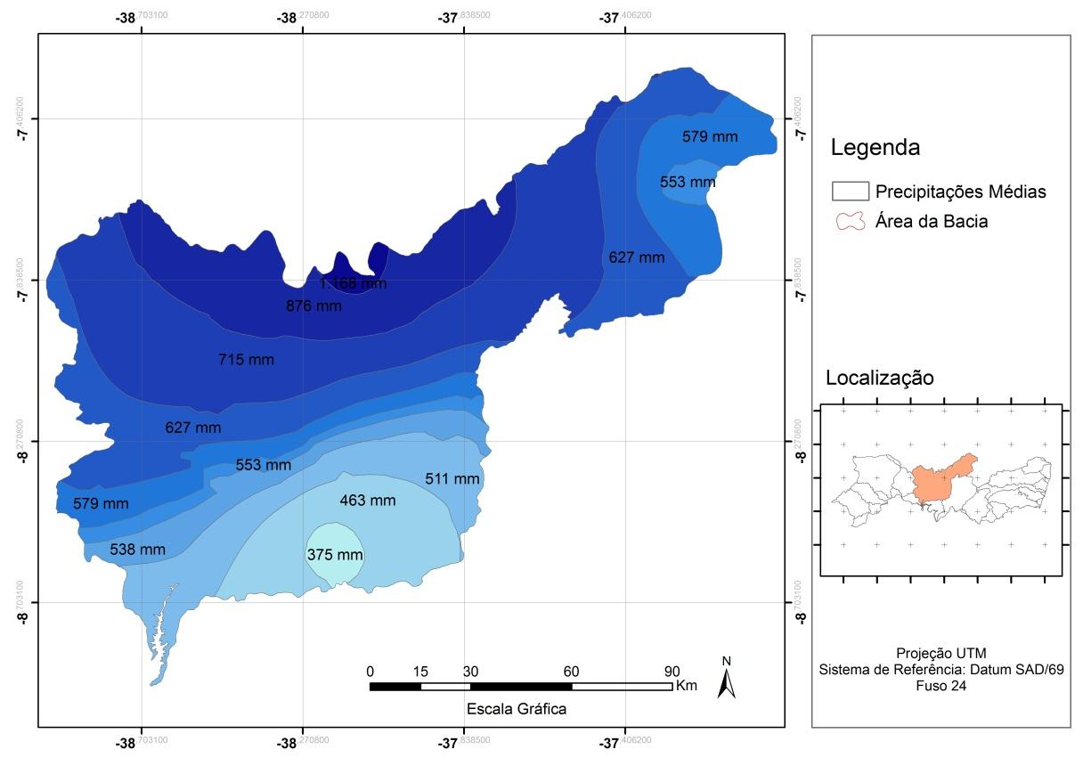 40 Figura 3 Faixas das precipitações médias na bacia hidrográfica do Pajeú. Fonte: Elaborado pelo autor com base nos dados pluviométricos.