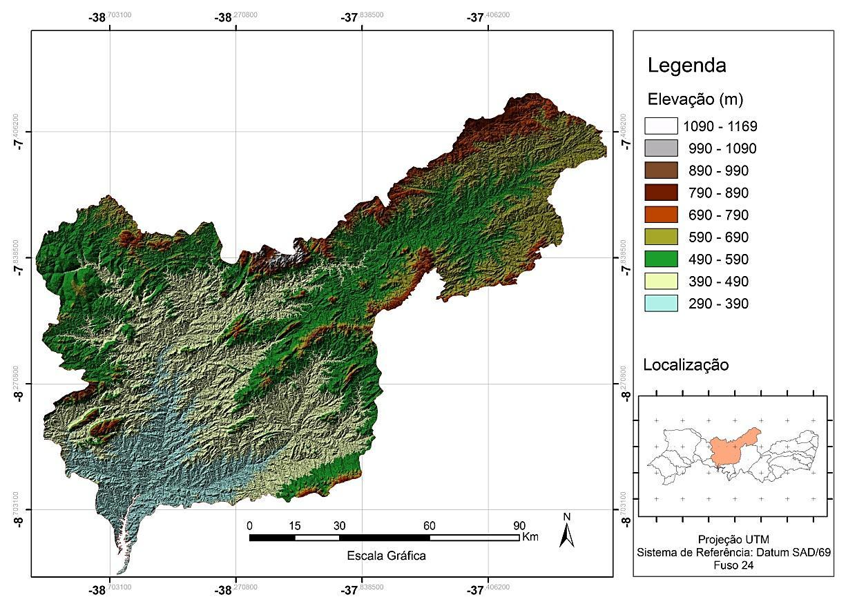 55 Figura 10 Modelo digital de elevação da bacia hidrográfica do Pajeú. Fonte: Elaborado pelo autor a partir dos dados do SRTM.