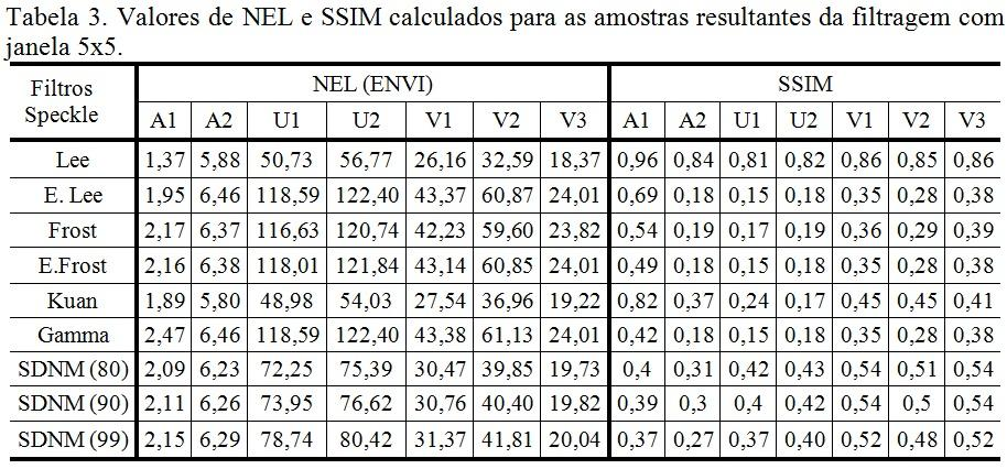 Entre todos os valores de NEL calculados para as amostras das imagens filtradas com janela 3x3, os valores obtidos pelo filtro Lee foram os menores.