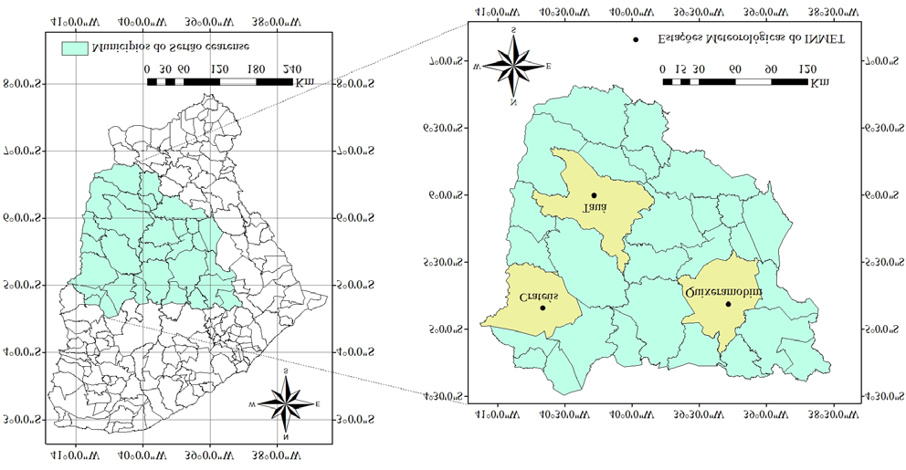 M. G. da Silva et al. (013) Figura 1 - Localização geográfica das estações meteorológicas utilizadas neste estudo, no sertão do estado do Ceará, Brasil.