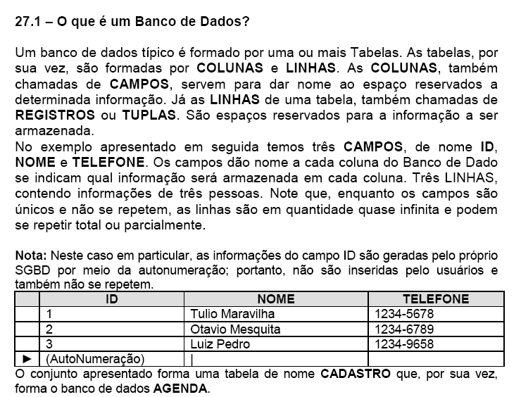 Banco de Dados Um banco de dados é um conjunto de informações organizadas de forma regular em tabelas semelhantes a matrizes de duas dimensões que contém linhas e colunas (Estilo planilha do