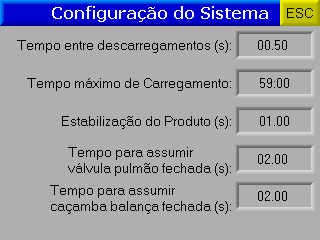 Figura 7 - Tela de configuração do sistema Tempo entre descarregamentos configura o tempo que o sistema deverá aguardar para descarregar a próxima batelada, de modo a permitir que o transportador de