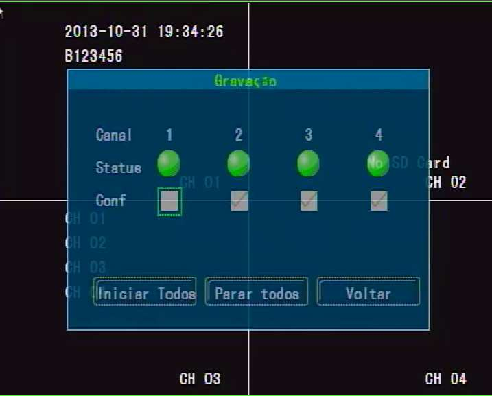 Sel cana: Selecione os canais dos quais deseja visualizar as gravações; Mídia de: local onde estão salvos os arquivos de gravação; Tipo de: Selecione o tipo de gravação que deseja visualizar: Manual,