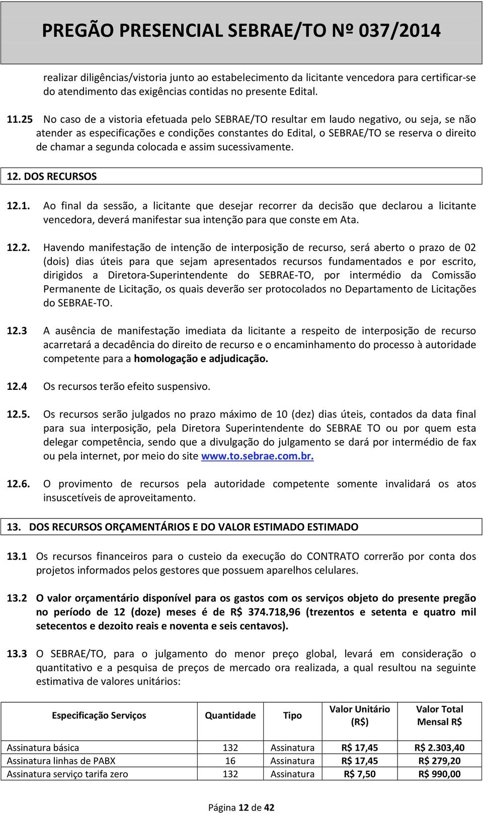 segunda colocada e assim sucessivamente. 12. DOS RECURSOS 12.1. Ao final da sessão, a licitante que desejar recorrer da decisão que declarou a licitante vencedora, deverá manifestar sua intenção para que conste em Ata.