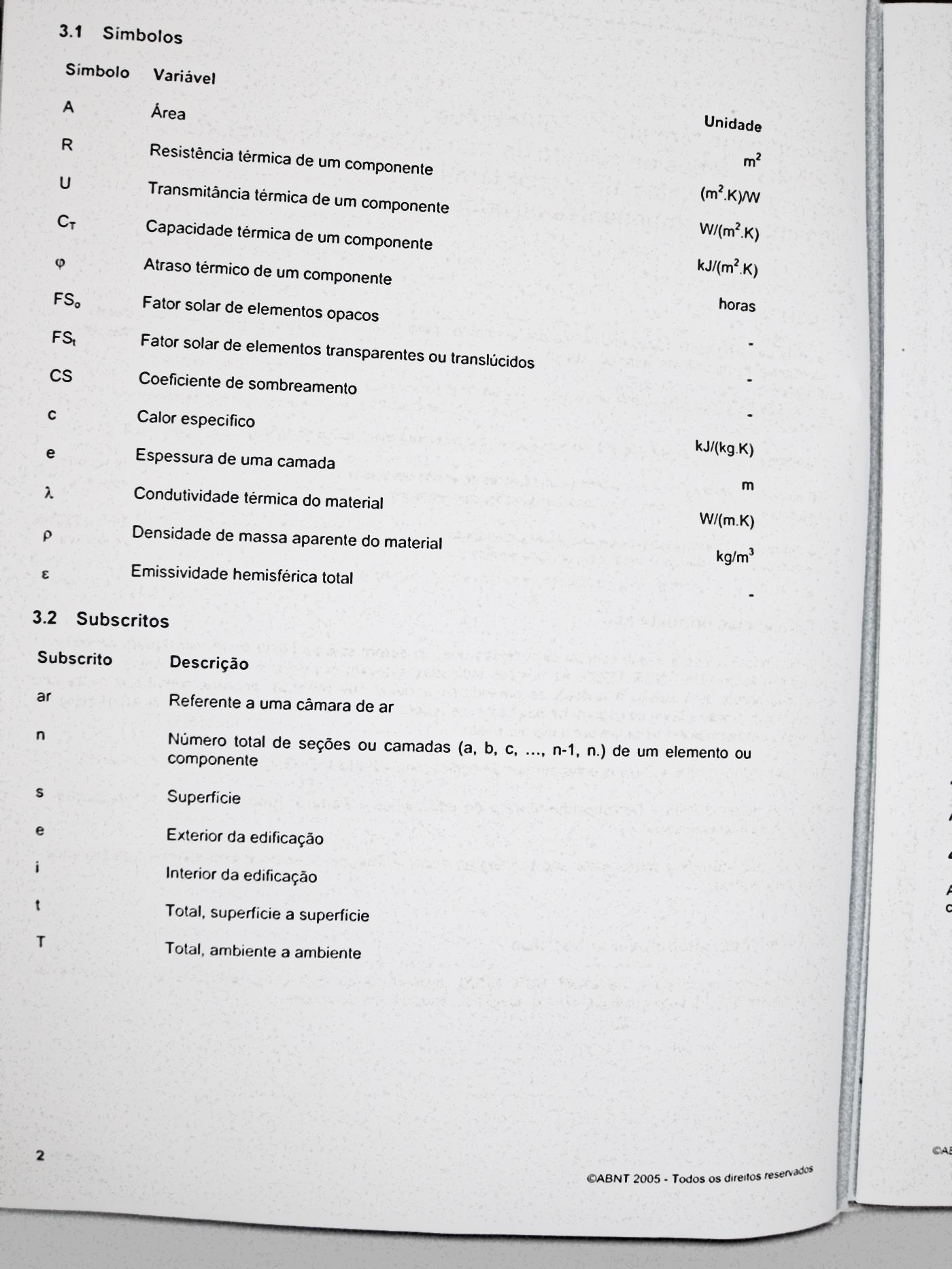 R = Resistência térmica de um componente (m².k/w) U = 1/R = Transmitância térmica de um componente (W/m².K) C T = Capacidade térmica de um componente (kj/m².