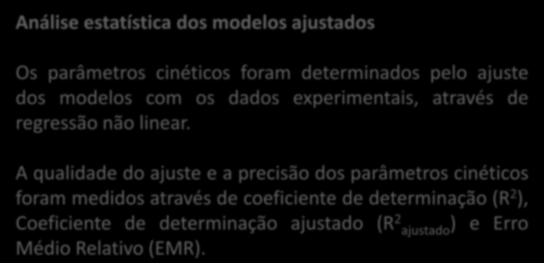 Material e métodos Análise estatística dos modelos ajustados Os parâmetros cinéticos foram determinados pelo ajuste dos modelos com os dados experimentais, através de regressão não linear.