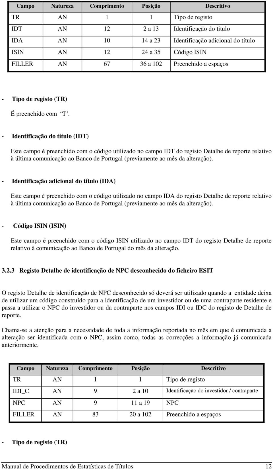 - Identificação do título (IDT) Este campo é preenchido com o código utilizado no campo IDT do registo Detalhe de reporte relativo à última comunicação ao Banco de Portugal (previamente ao mês da